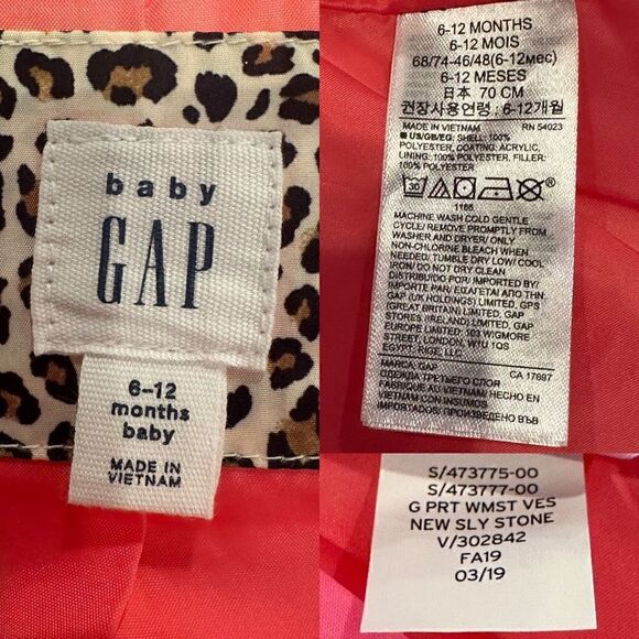 BabyGAP | Baby Toddler Girls 6-12 Month Puffer Vest Leopard Print Hot Pink Tan - Picture 10 of 10